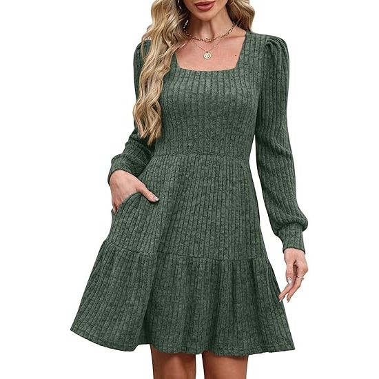 Women's dress square neck long sleeve winter dress – Mixshe