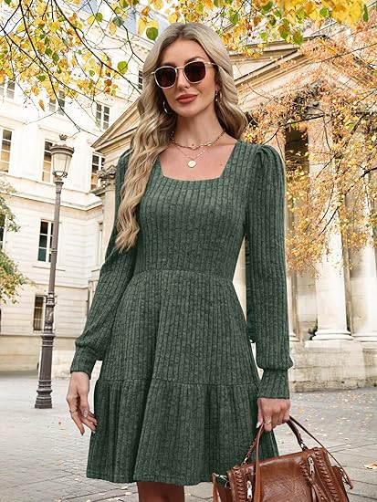 Women's dress square neck long sleeve winter dress