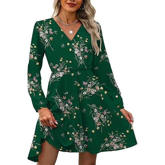 Women's Floral V-Neck Long Sleeve Autumn Dress