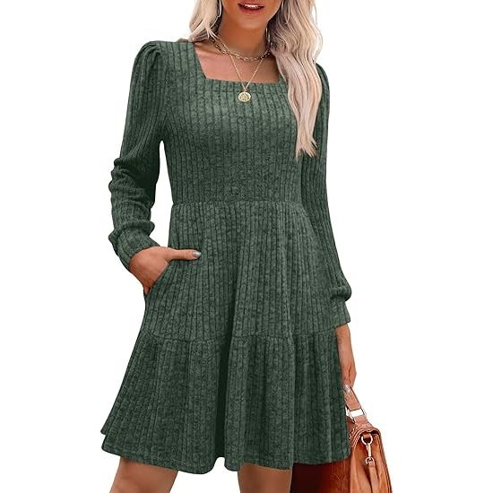 Women's dress square neck long sleeve winter dress